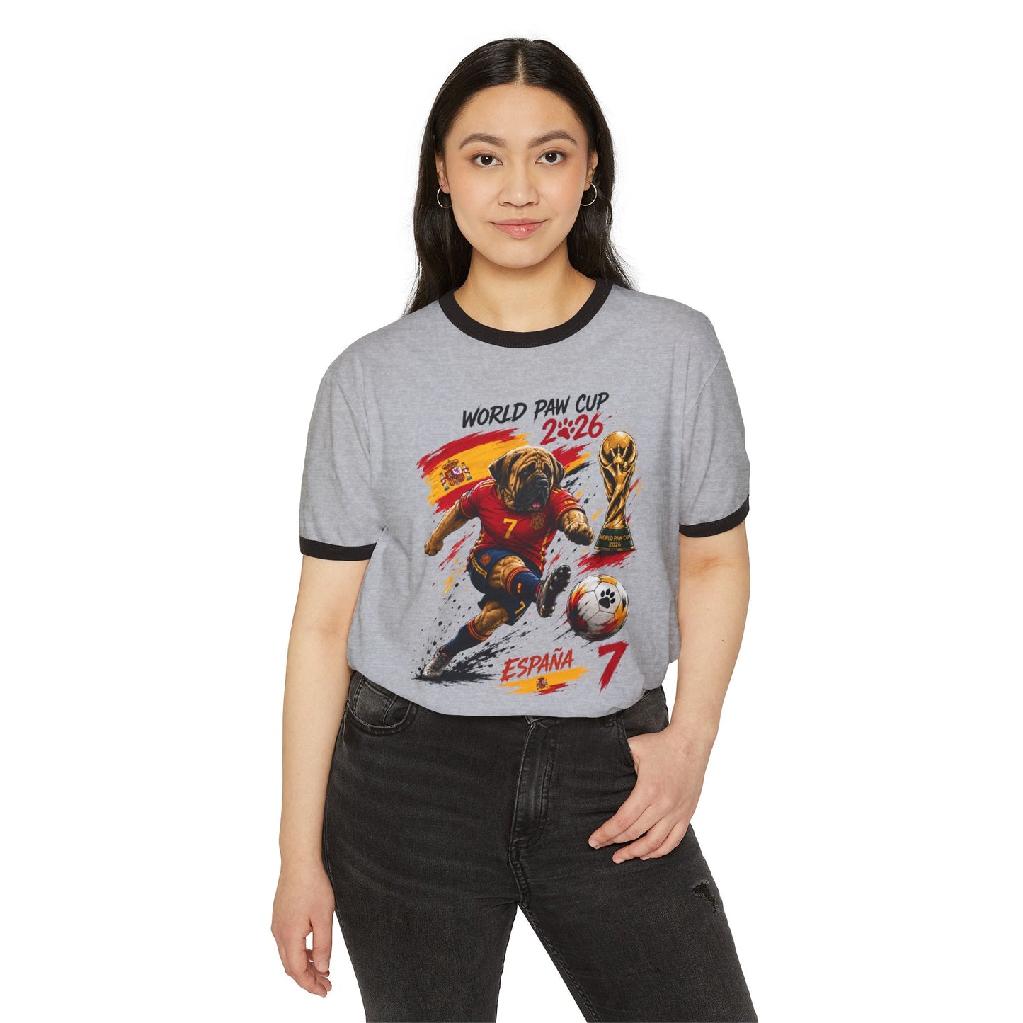 Spain Soccer World Cup 2026 Ringer T-Shirt — Cartoon Player with Trophy