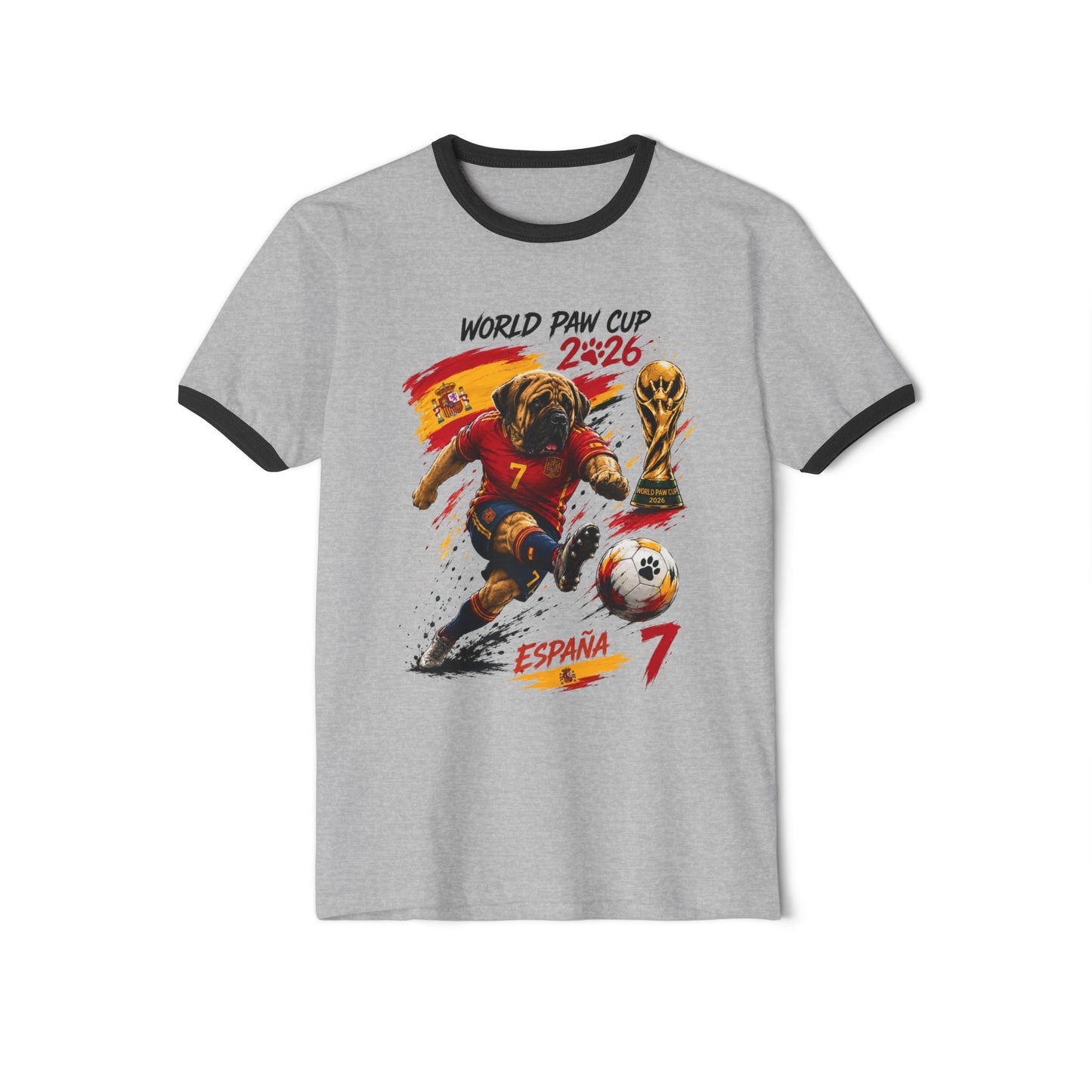 Spain Soccer World Cup 2026 Ringer T-Shirt — Cartoon Player with Trophy