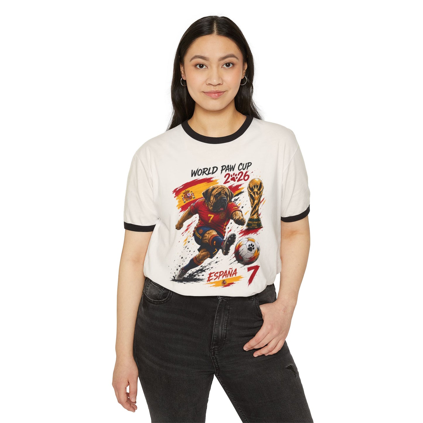 Spain Soccer World Cup 2026 Ringer T-Shirt — Cartoon Player with Trophy