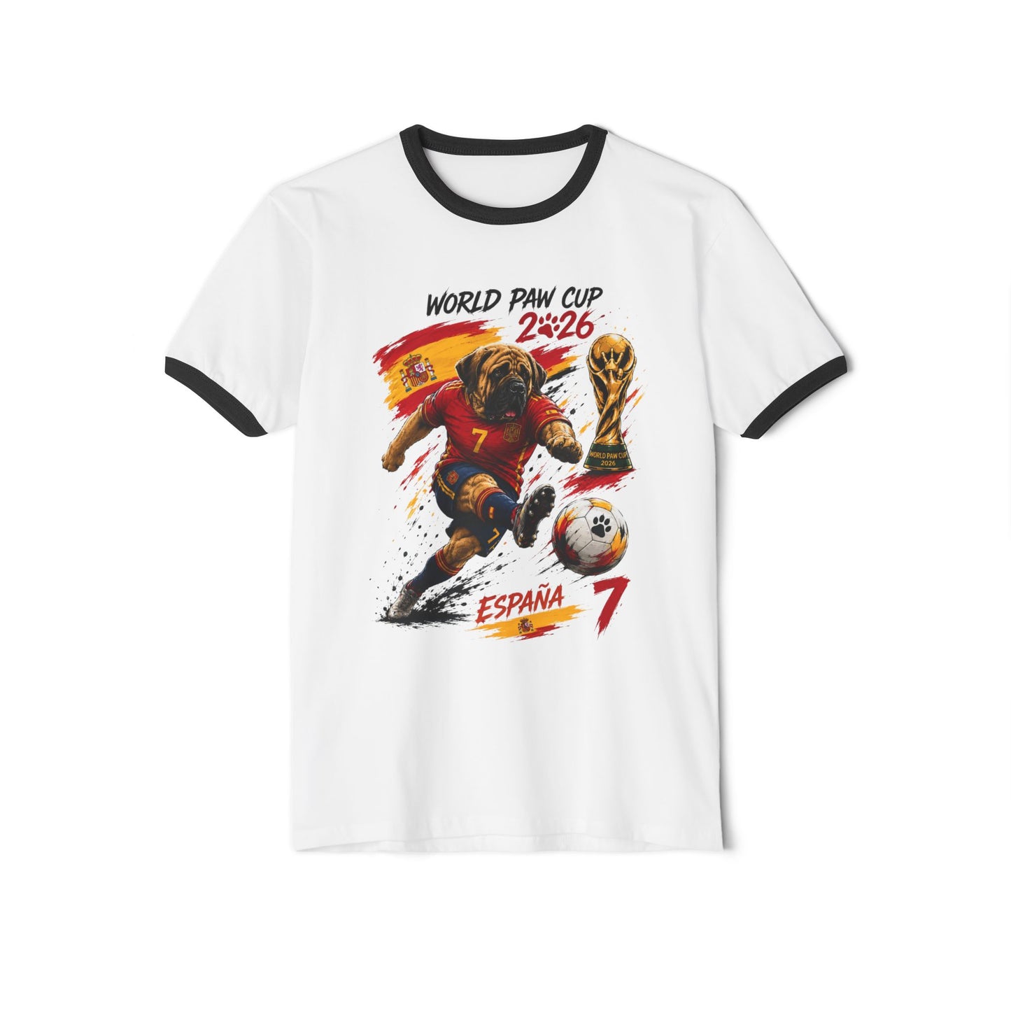 Spain Soccer World Cup 2026 Ringer T-Shirt — Cartoon Player with Trophy