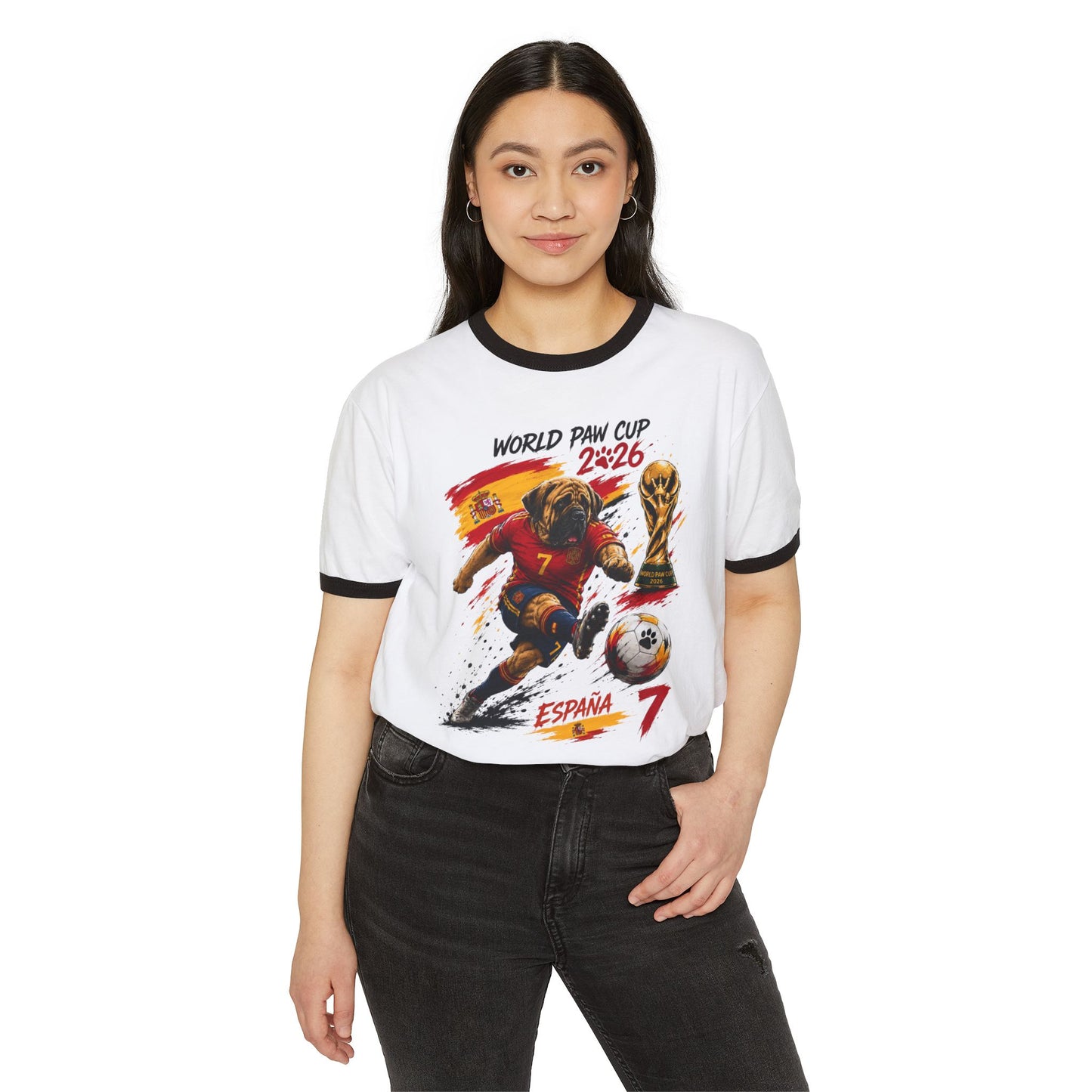 Spain Soccer World Cup 2026 Ringer T-Shirt — Cartoon Player with Trophy
